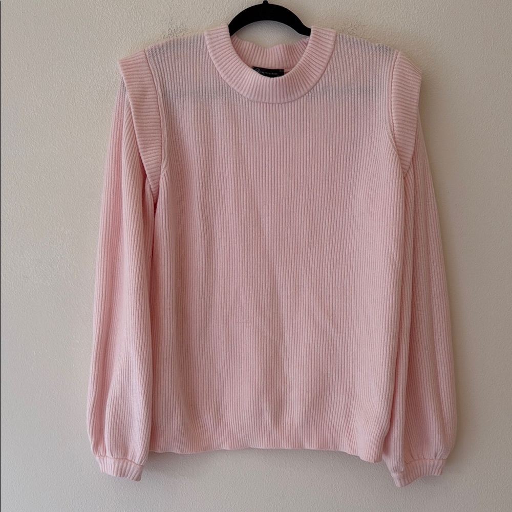 Pink Ribbed Long Sleeve ruffle shoulder Sweater large pretty garden